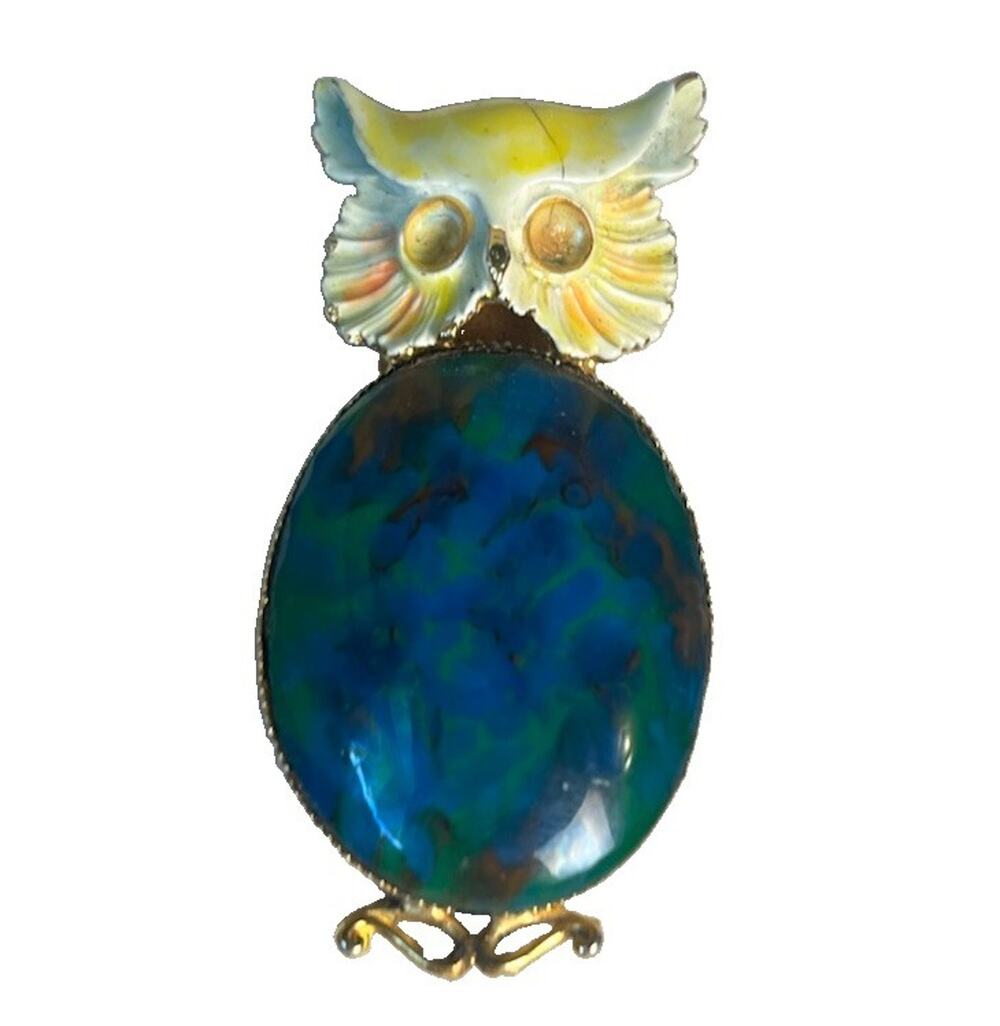 Original By Robert Owl Brooch Blue Enamel Glass Belly Gold Tone Pin 2.6" MCM Vtg